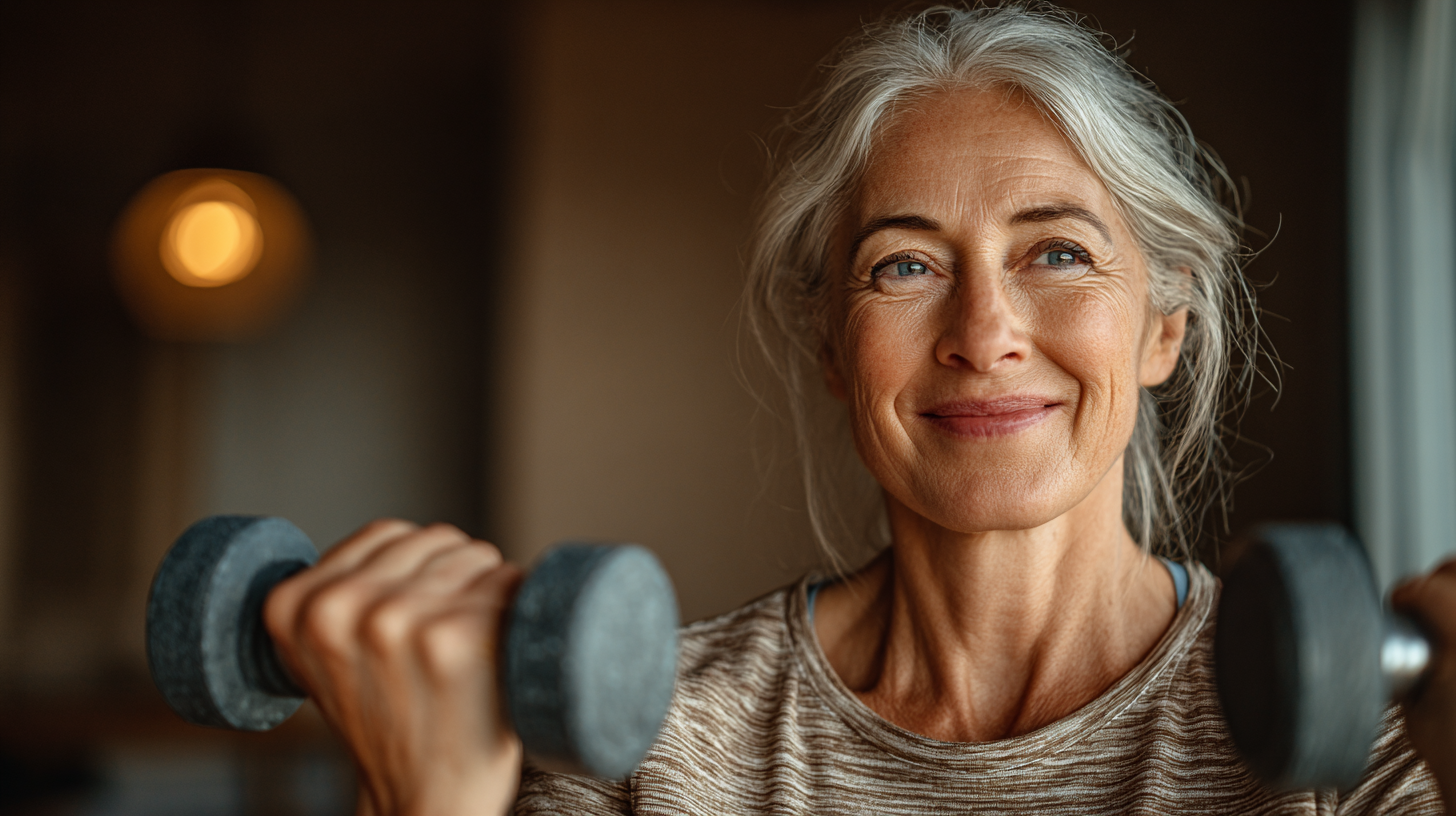 Жінка середнього віку виконує дихальні вправи